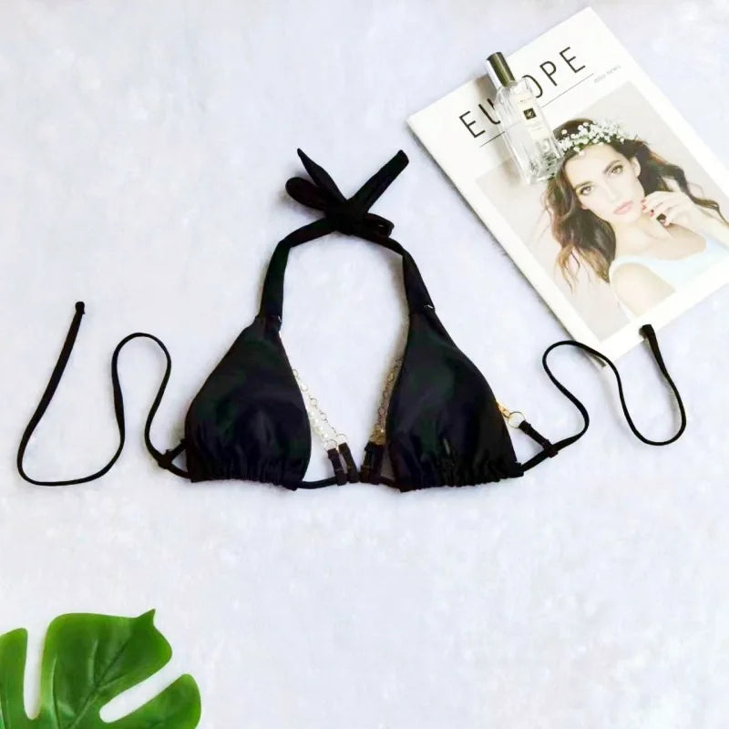 Bikini swimsuit with separate metal cover-up, women's halter neck backless swimwear made of highly elastic fabric