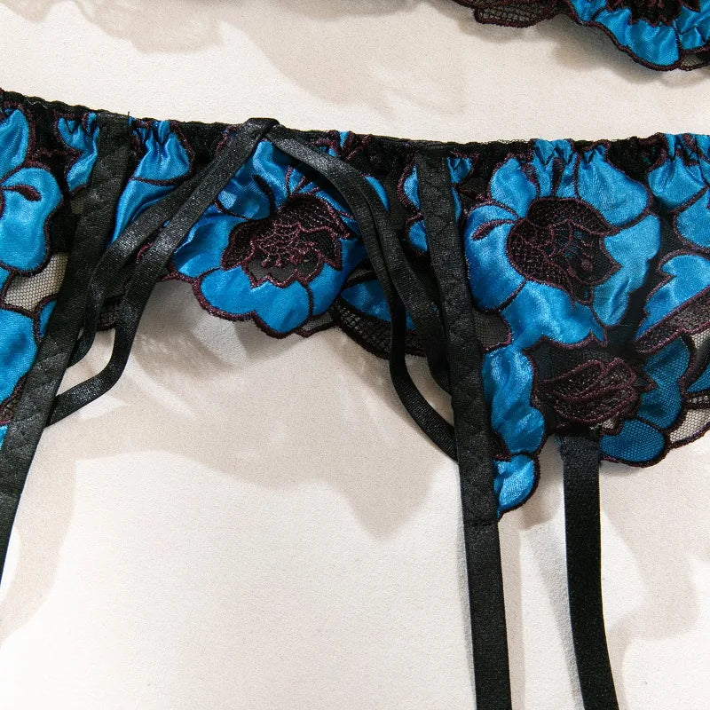 Sissy Sexy Lingerie Sets Exquisite Floral Embroidery 3 Pieces Set Beautiful Erotic Underwear Sheer Mesh Bra Panties Garters Belt