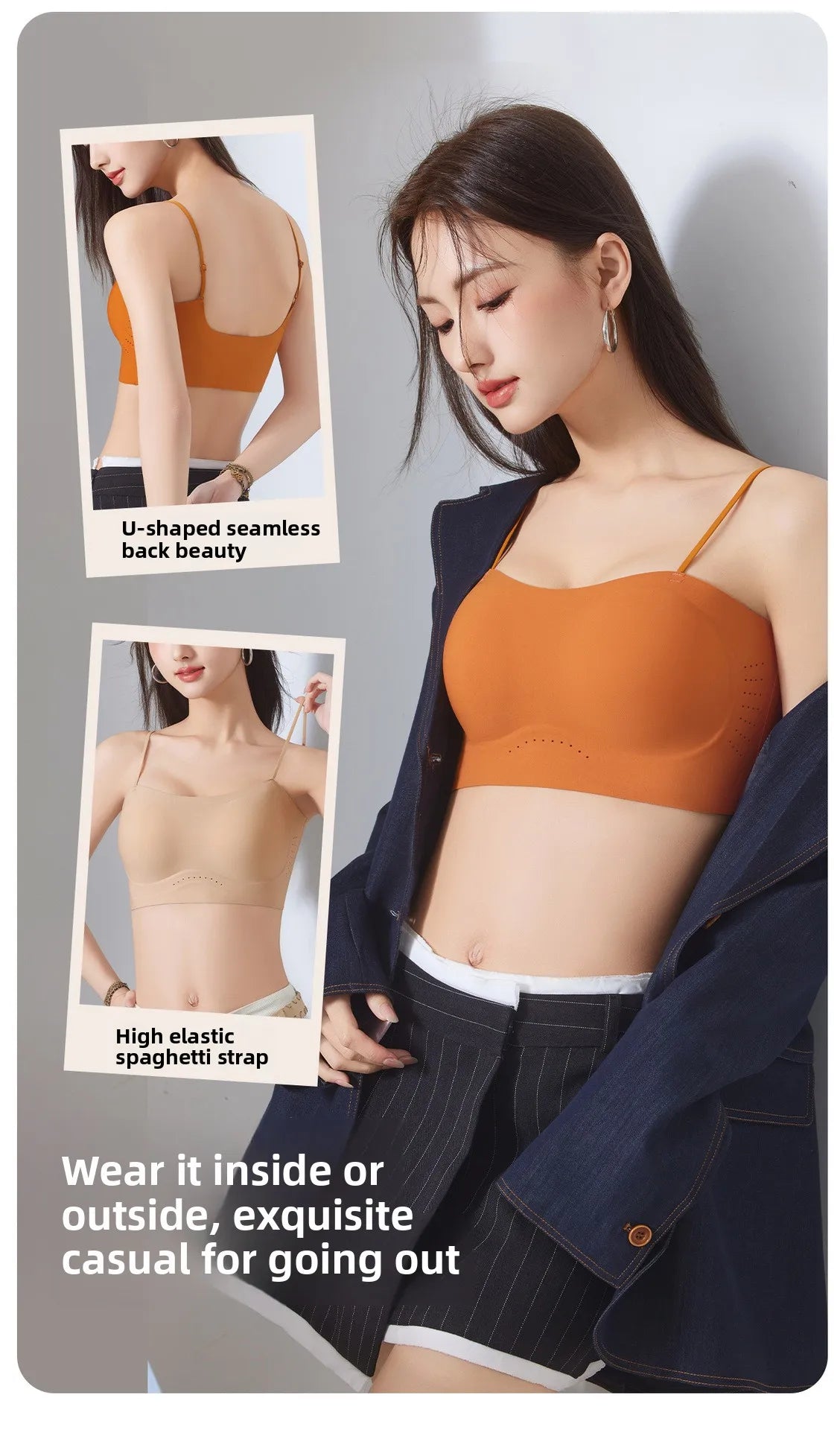Women Push Up Bra Thin Strap Seamless Backless Bandeau Camisole Summer Padded Jelly Wire Free Comfortable Daily Bra