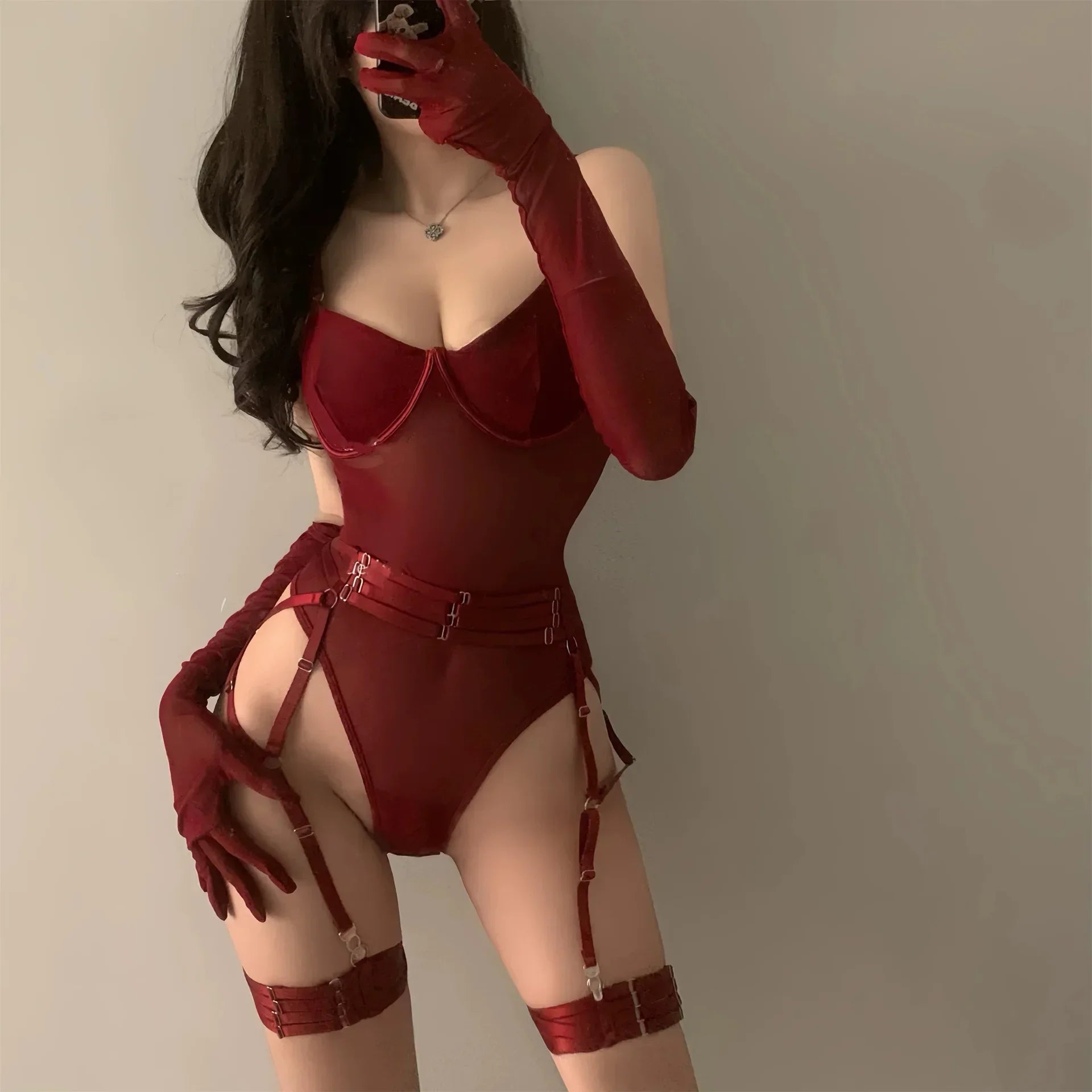 Sexy Sensual Lingerie Sets for Women See Through Mesh Lace Tight Bodysuit with Gloves Garter Exquisite Underwear Sexy Costumes