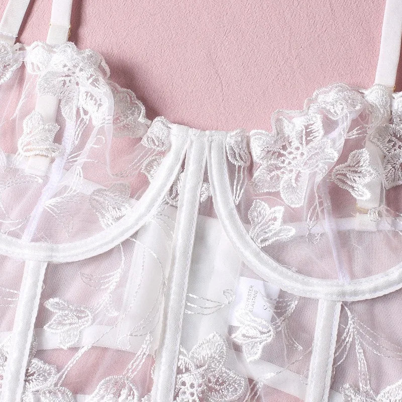 Womens Lingerie Set  White Embroidered Fish-bone Bra Underwear, Thong, Tank Top - A Set of Sexy Lingerie in A Variety of Styles