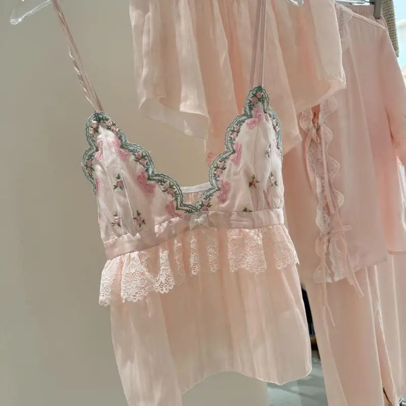 2025 Summer New Pajamas Lingerie Set Sexy Sweet Lace Trim Cami Shorts Shirt Pants Rayon Home Clothes Loungewear Nightwear