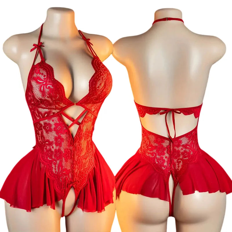 Red Hanging Neck Lingerie Adult Erotic Costume Deep V Bra Crotchless Woman Underwear Sex Night Open Dress Bodysuit Sexy Jumpsuit