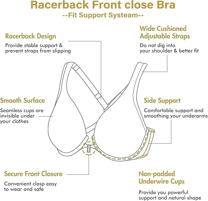 DELIMIRA Women's Front Closure Racerback Bras Plus Size Full Coverage Supportive Underwire Plunge Unlined Bra Underwear