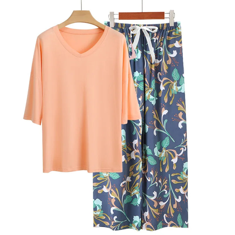 Casual Pajamas Set Spring Summer Short Sleeve Tops Long Pant Suit Elegant Women's Pijamas Home Sleepwear Clothes Pijama Mujer