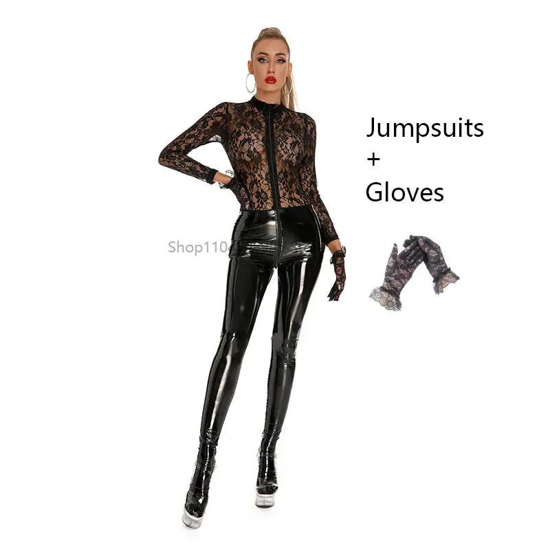 Sexy See-Through Lace Pu Bodysuit Ladies Leather Latex Catsuit Lace Splice Lingerie Underwear Jumpsuit Erotic Skinny Bodysuit