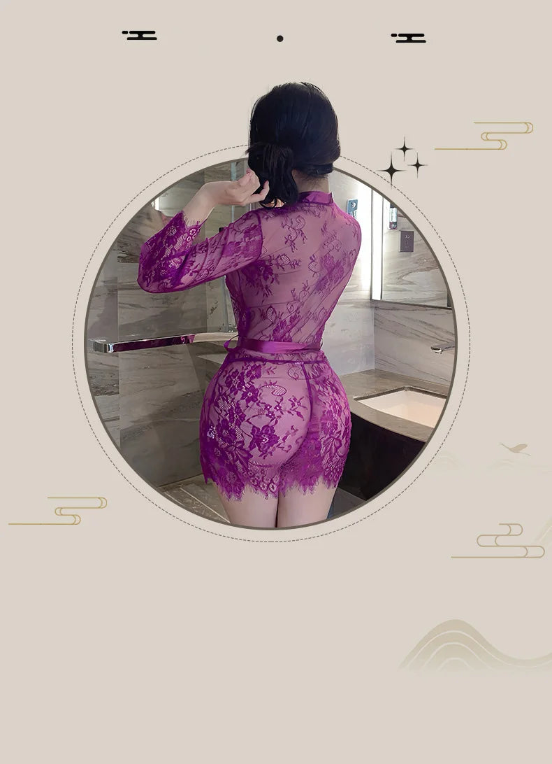 Sexy lingerie lace sexy women purple perspective seductive long skirt Women's corset Schoolgirl costume Sexual fantasy Sex shop