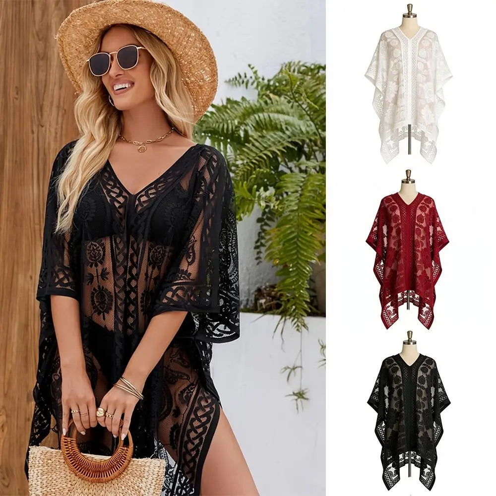 Breathable Lace Mesh Sunscreen Beach Cover Up Plus Size Casual Bohemian Shawl Floral Transparent Swimsuit Cover Up Lady