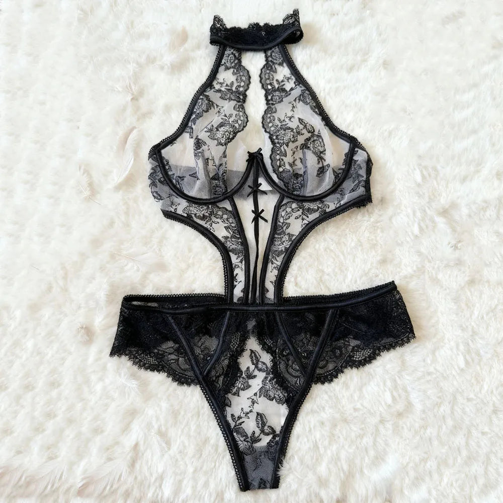 Women Sexy Halter Bodysuit Sheer Mesh Bodysuit Floral Embroidery Lace Skinny Backless Hollow Out Bodycon Hot Sexy Lingerie