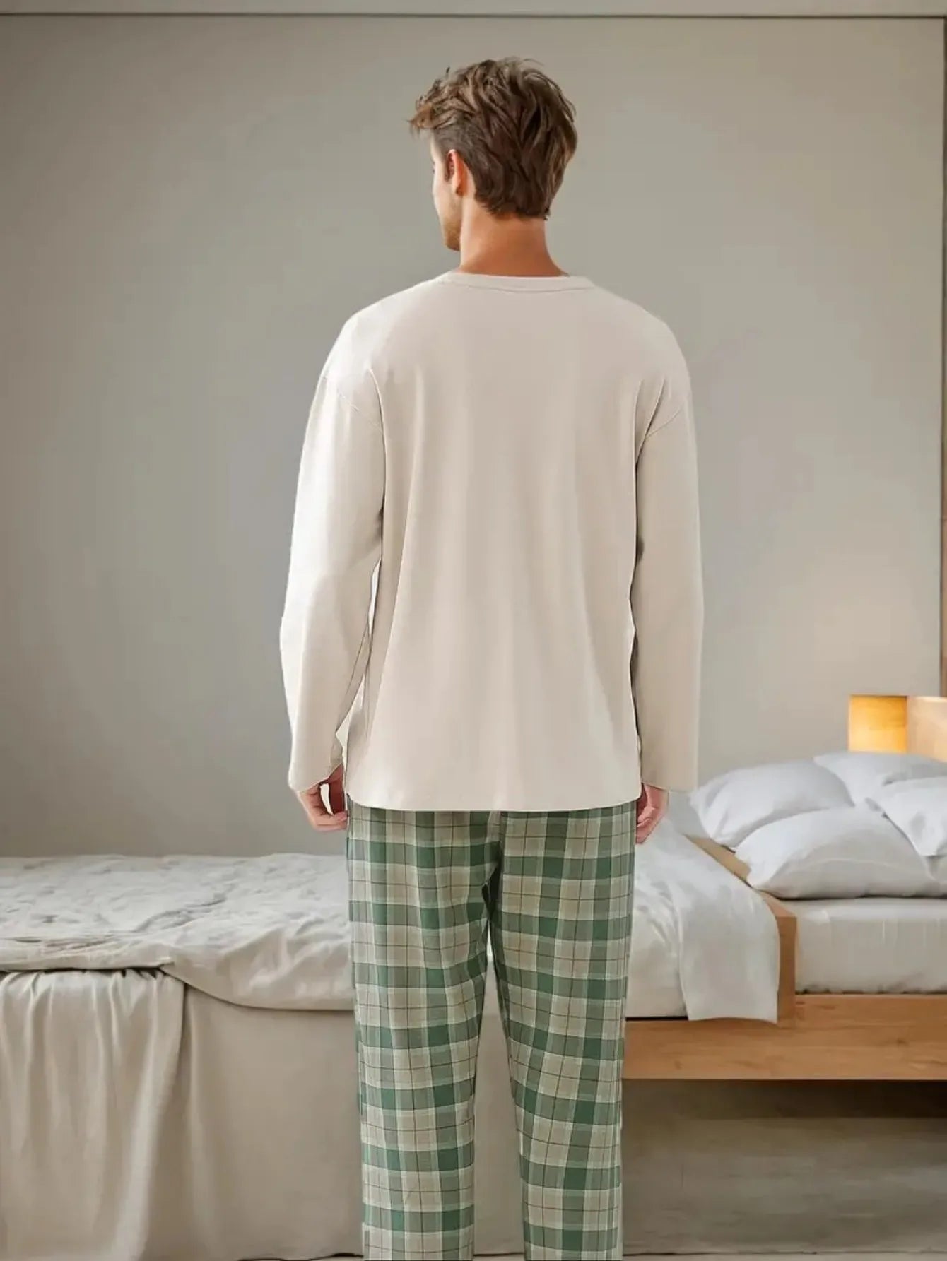Men's Two-Piece Pajama Set, Stylish and Simple Plaid, Round Neck, Long-Sleeved Top and Long Pants, Loose Fit, Suitable for Spring, Summer, Autumn, and Winter, Polyester, Casual, Knitted, with Pockets, Loungewear