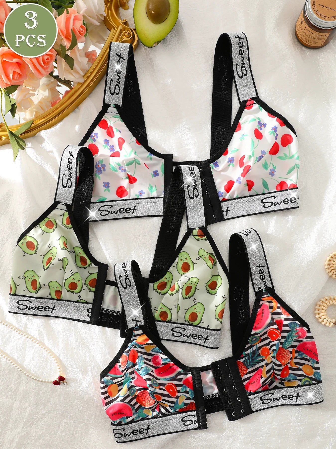 3 Pack Women's Wireless Bra, Mixed Fruit Print Front Closure Shiny Trim Comfort Bralette