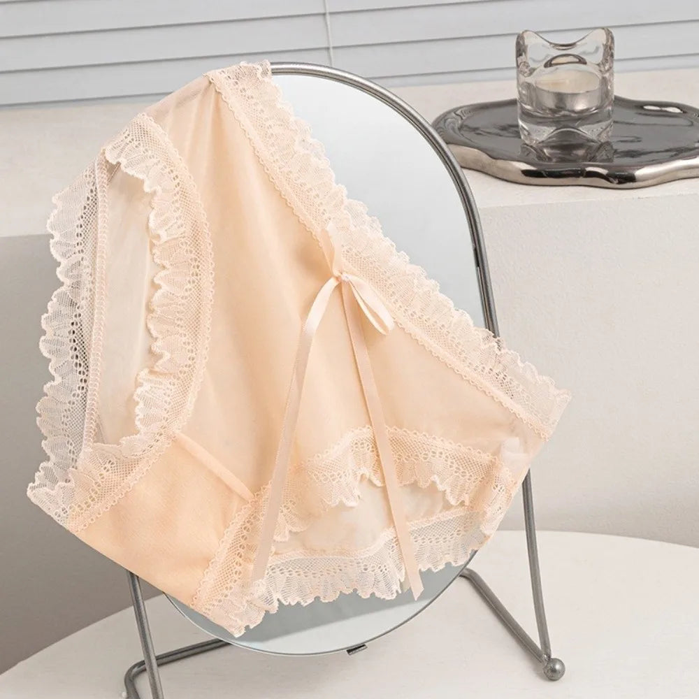 Lingerie Low Waist Lace Panties Ice Silk Cotton Crotch Mesh Briefs Bow Underwear for Women Summer