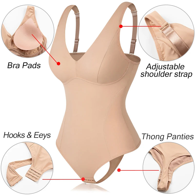 Shapewear Bodysuit Thong Body Shaper for Women Waist Trainer Corset Deep V Neck Slimming Underwear Built-in Bra Camisoles Tops