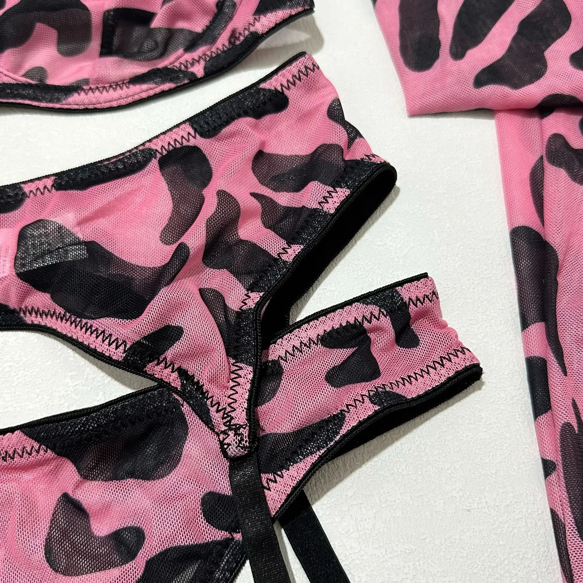 5Pcs Leopard Lingerie Set With Garter Belt Stockings Gloves Mesh Bra and Panty Set Strappy Underwear Erotic Costume For Women