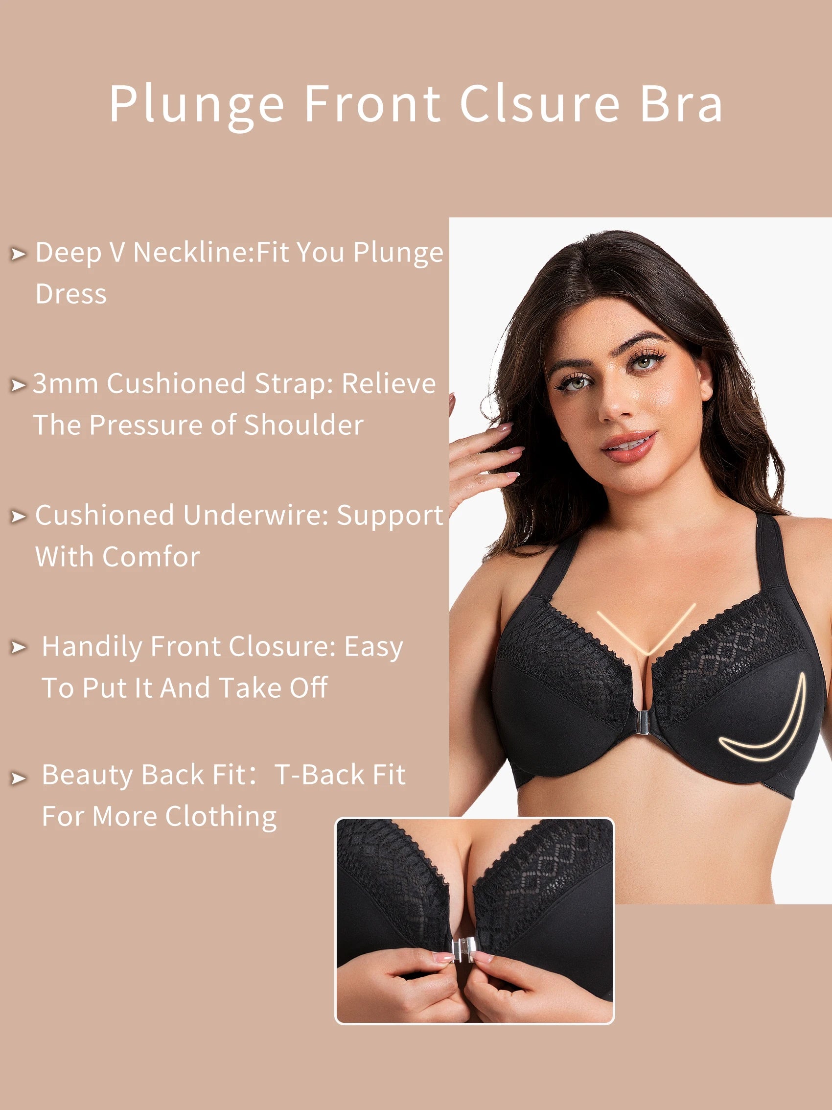 Front Closure Unlined Underwire Racerback Bra Full Coverage plus Size Comfortable Supportive Women's Bra 7850