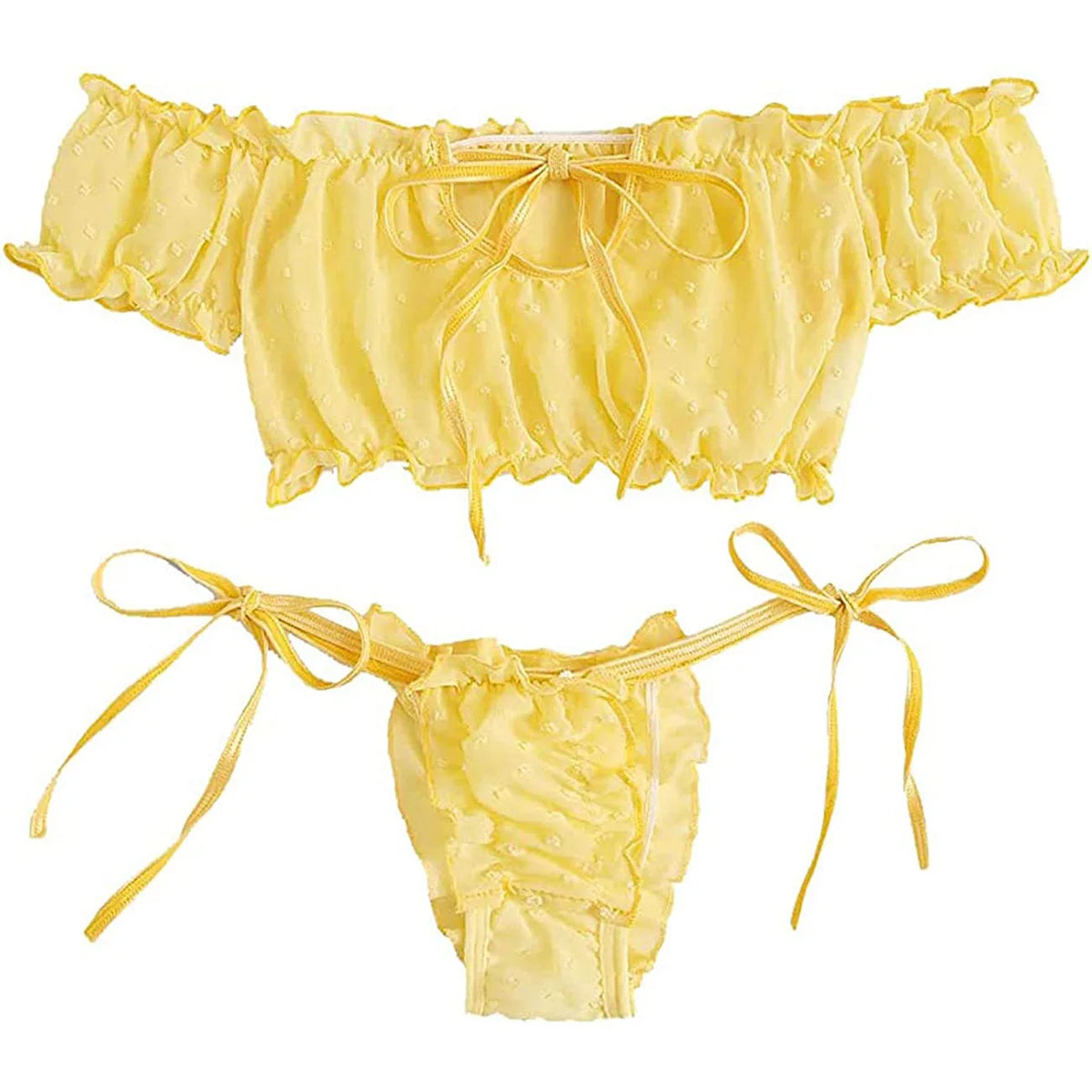 Women's Sexy Lingerie Set Mesh Lace Ruffle Cute Dot Transparent Bra and Panty Wireless Thong Bandage Exotic Sets