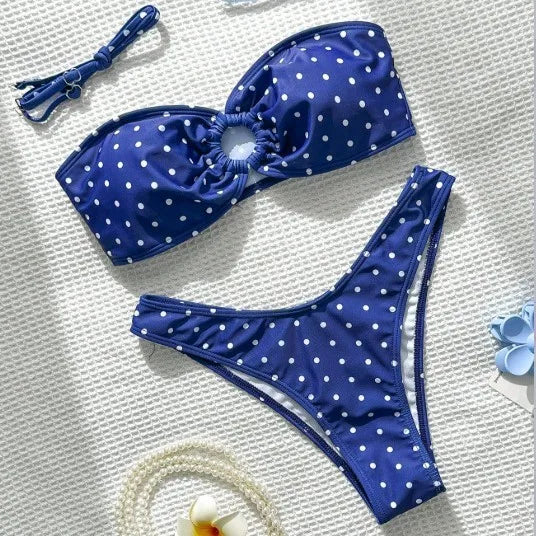 2026 Bikini Woman 2025 Swimsuit Women Printed Bikinis Black Bandeau Top Thong Bottom Swimwear Polka Dot Two Piece High Cut