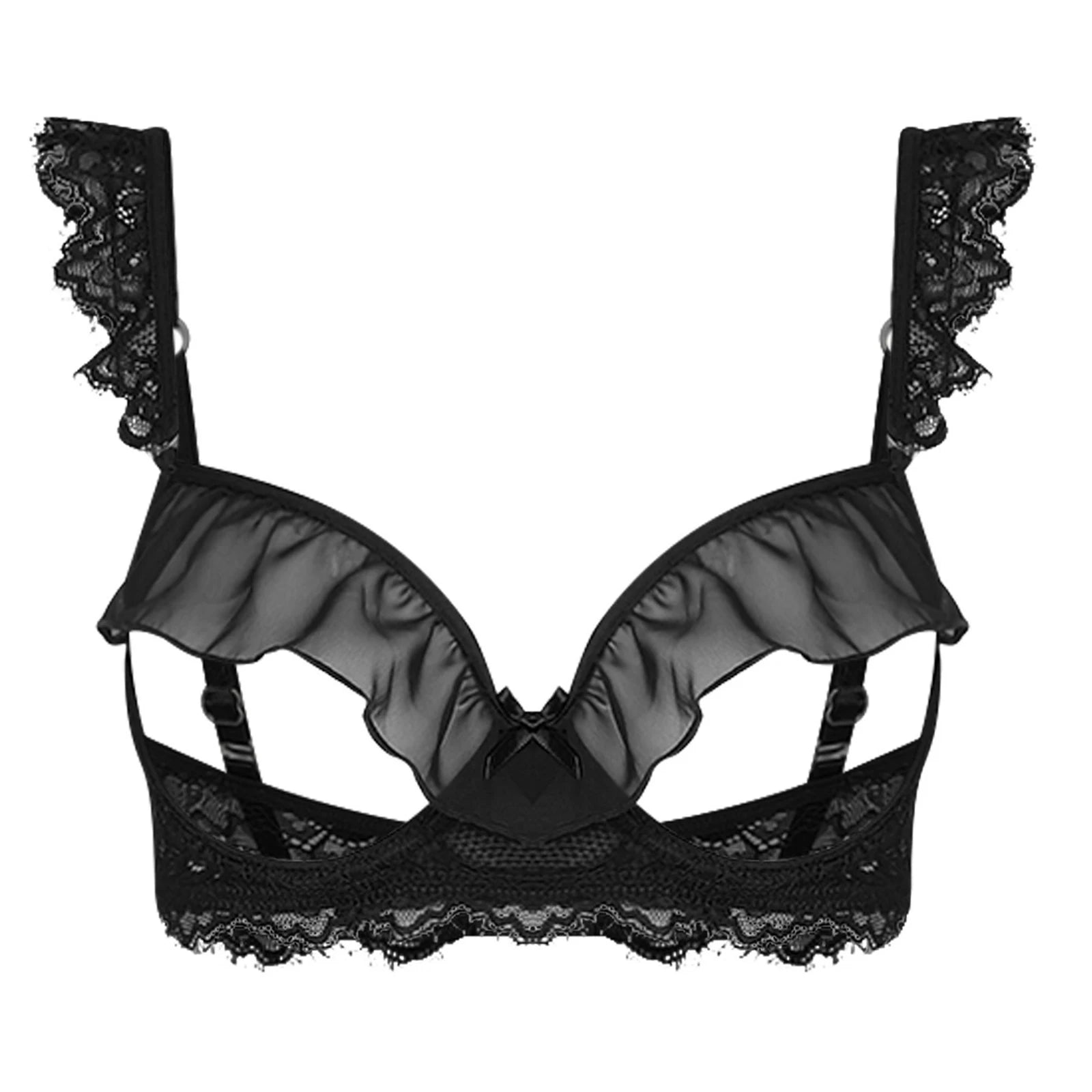 Sexy Womens Bare Breast Expose Nipples Bra Top Lingerie Cupless Ruffled Trim Push-up Underwire Eyelash Lace Balconette Bralette