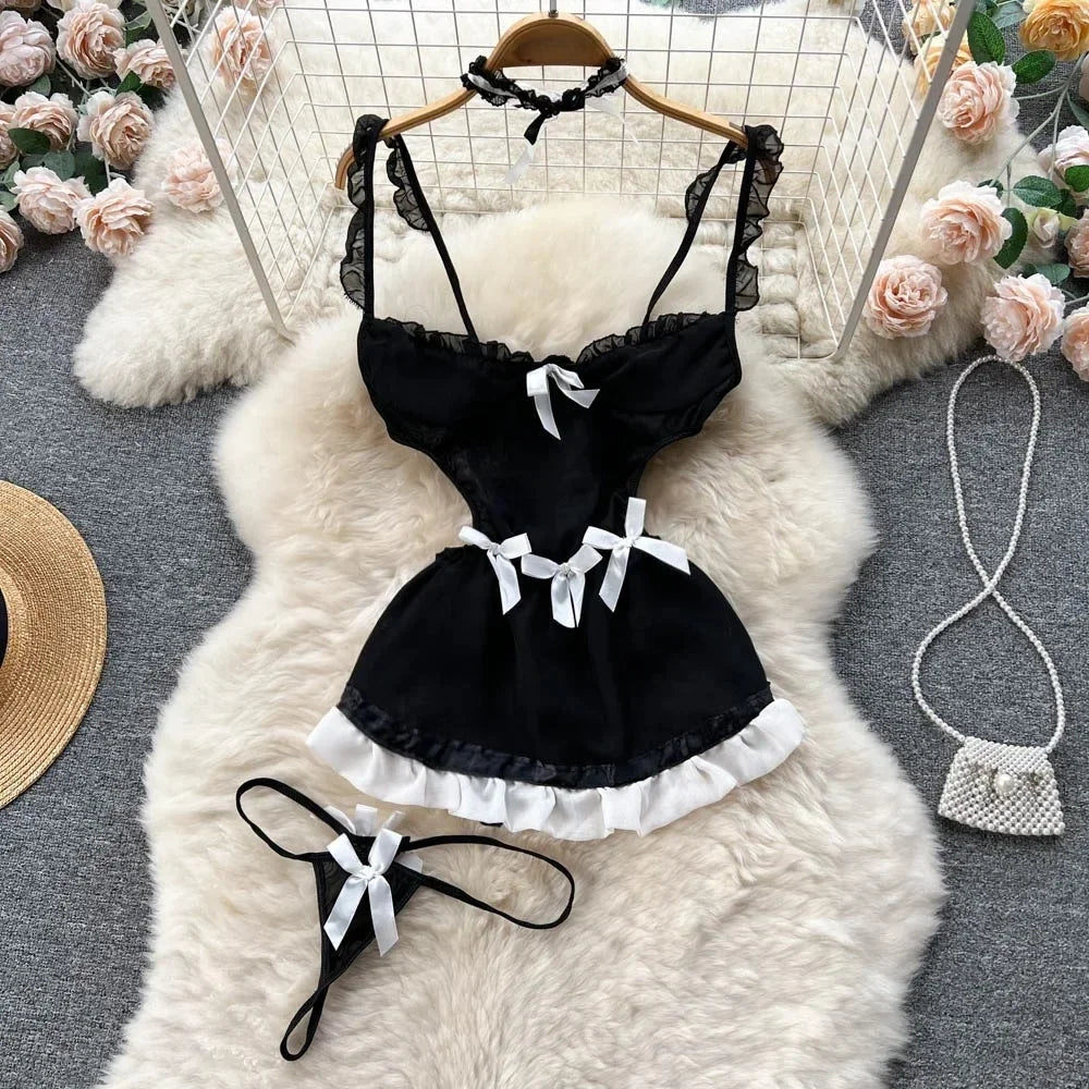 Women Erotic Uniform Sensual Lingerie Dress Fashion Lace Spliced A-line Lingerie Sets Slim Sheer Comfortable Lingerie Sets New