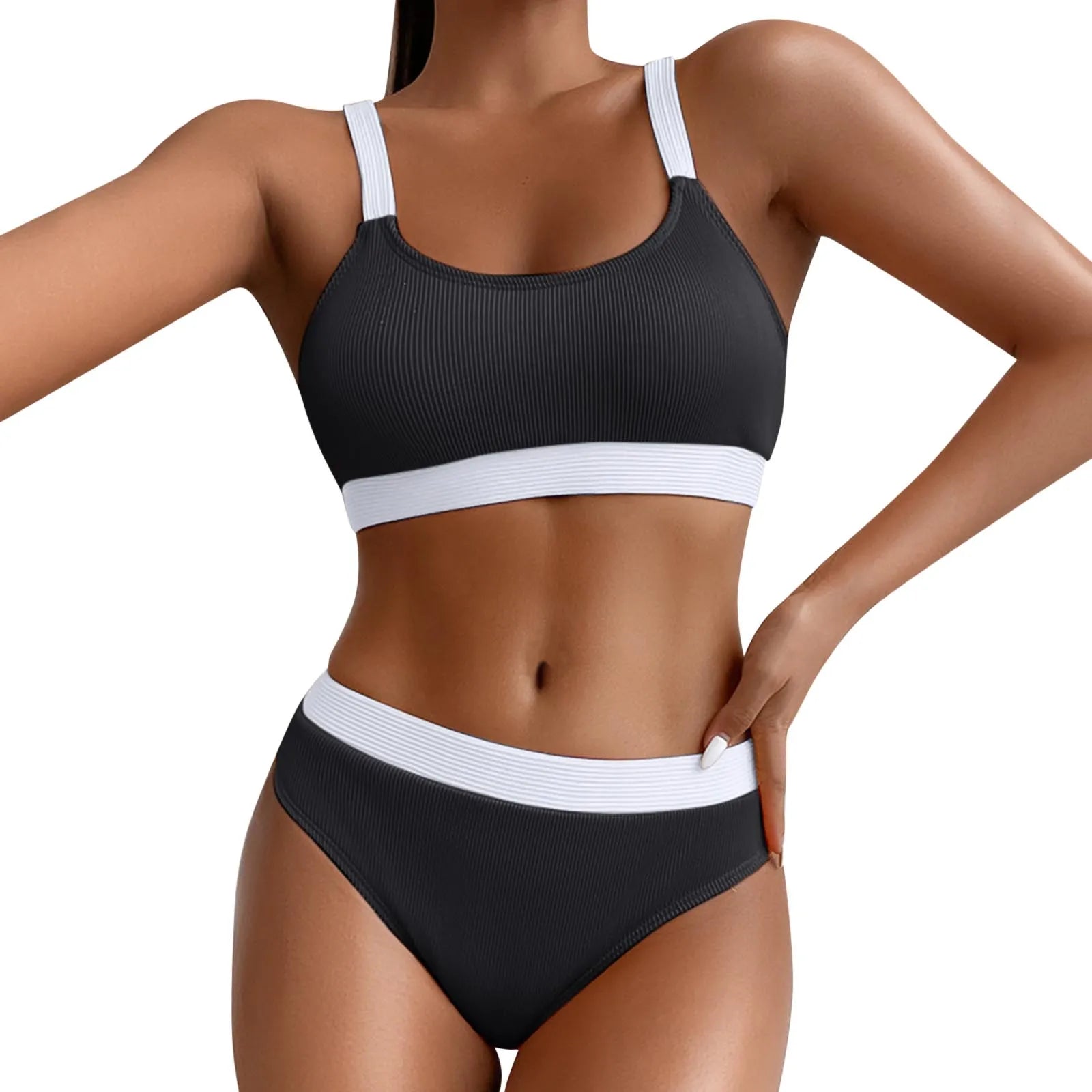 Color Block Swimsuits for Women Crew Neck Ribbed Stripe Bikini Bra High Waist Traceless Breath Comfty Fashion Bikinis Shorts