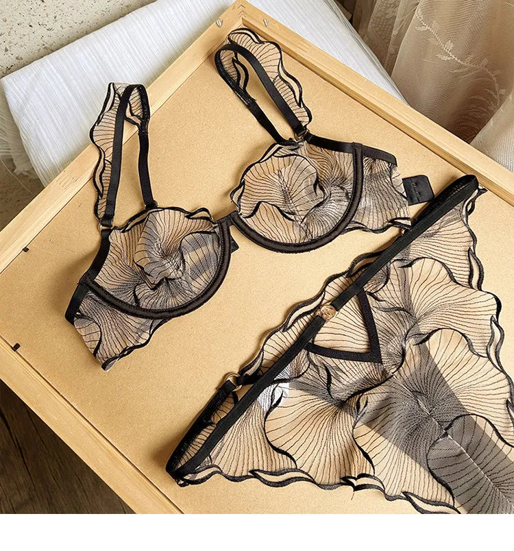 Erotic Lingerie Sets Sheer Transparent Lace Bras for Women Sexy Embroidery Push Up Bra and Thong Matching Set  Underwear Women
