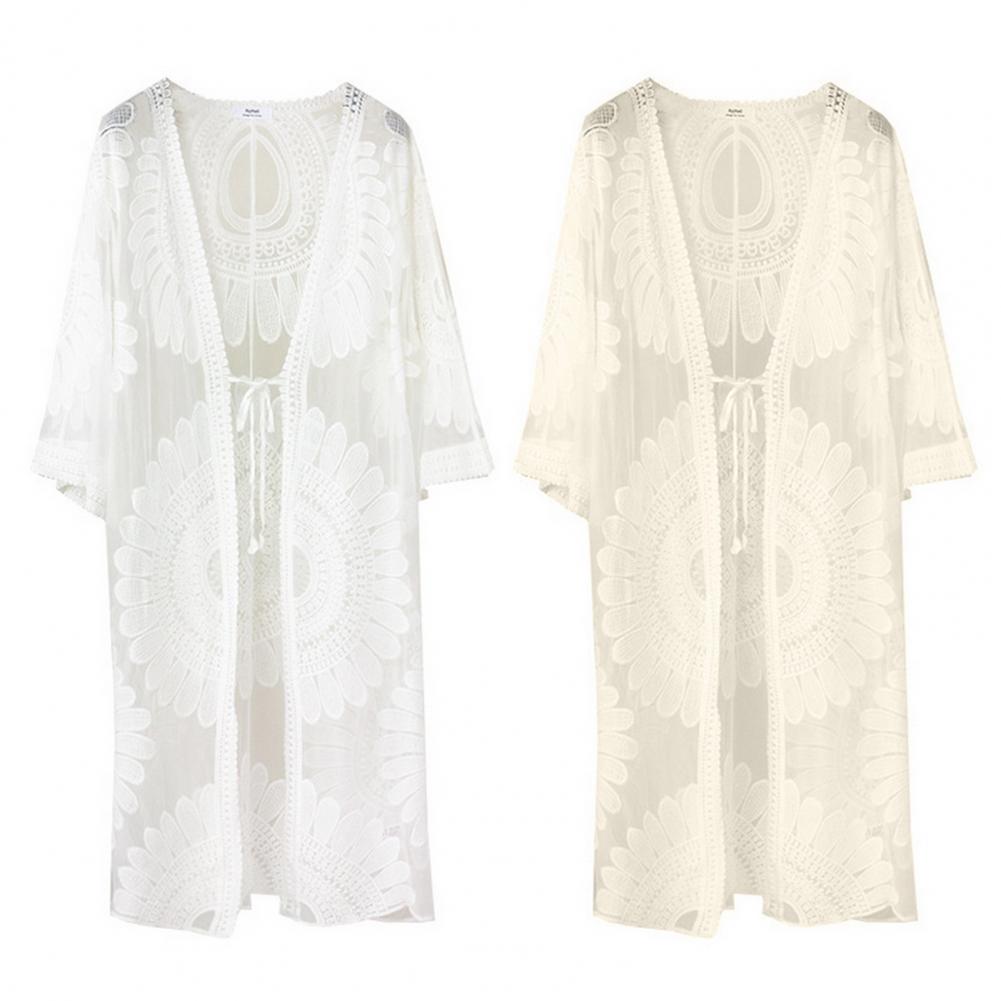 Flower Lace Cover-ups Beachwear White Cardigan Beach Cover Ups for Swimwear Women Bath Exits Outfits Solid Knitted Wear Coverup