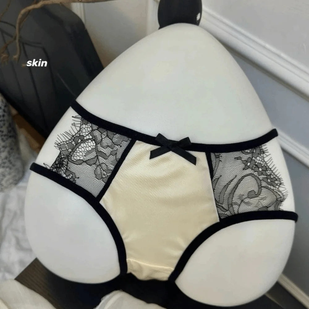 Lingerie Low Waist Underwear for Women Bow Transparent Sweet Lace Panties Hollow Mesh Satin Silk Briefs Girl