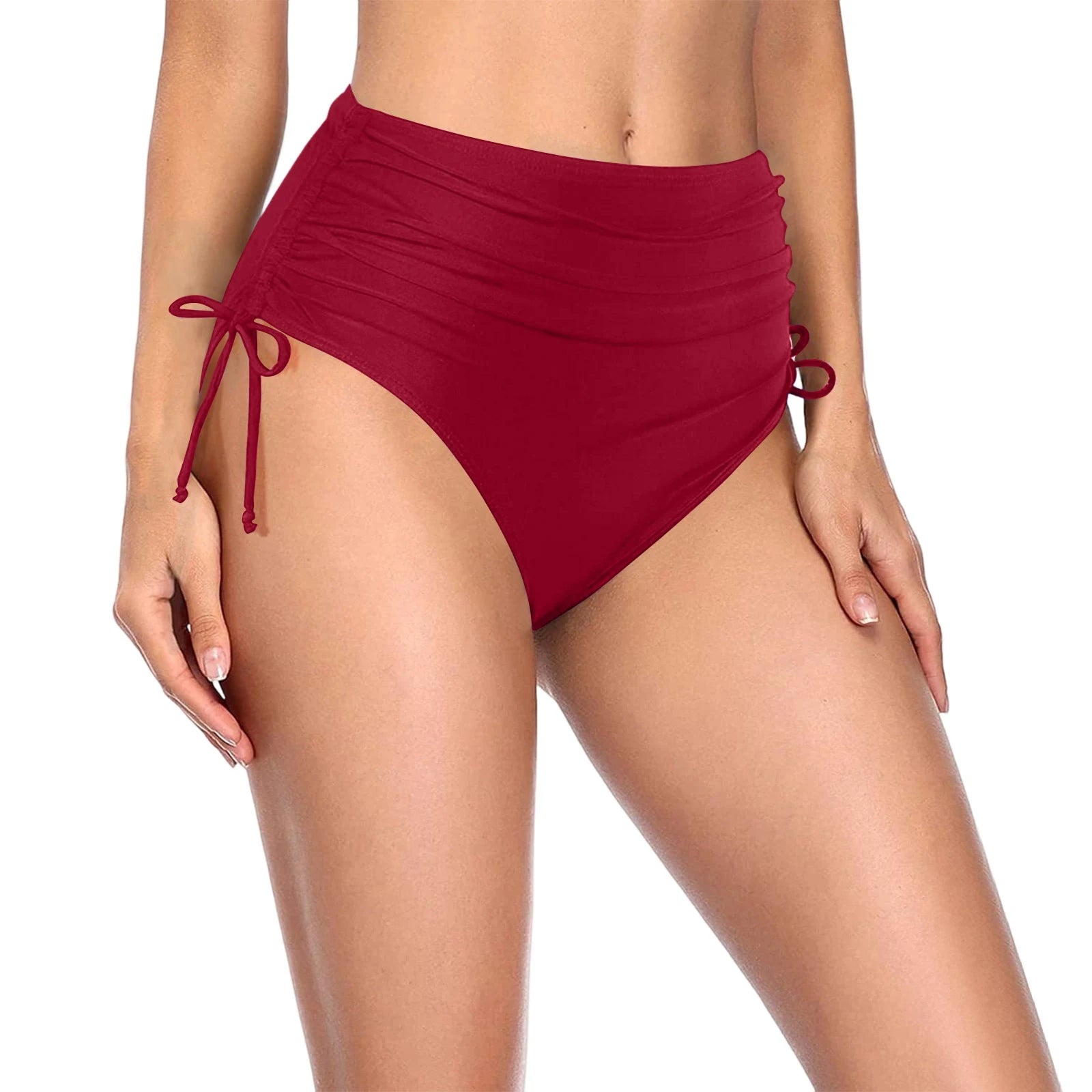 Basic Tight Swimming Bottoms for Female Solid Color High Waist Full Coverage Bikini Split Swimsuit Briefs Beach Drawstring Trunk