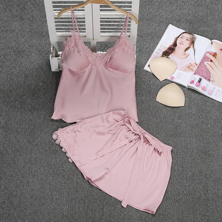 Lace Sleepwear Satin Cami&Shorts Suit Women 2 Pieces Sleep Set Sexy Deep V-Neck Nightwear Thin Home Clothes Lounge Lingerie