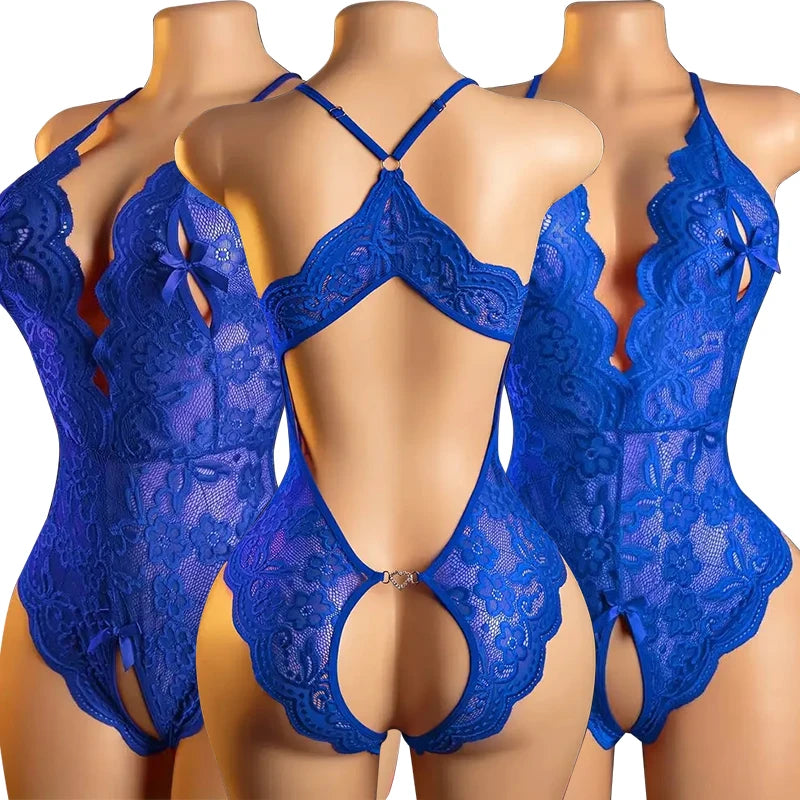 Sexy Lingerie For Women Deep V Crotchless Babydoll Dress Lace Bow Knot Open Bra Bodysuit Erotic Costumes Female Porno Underwear
