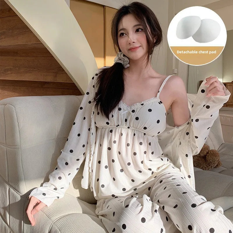 Pajama Three-Piece Set with Chest Pads Loungewear Sexy Long Sleeve Trousers Set Plus Size Nightwear Women Sling Sleepwear