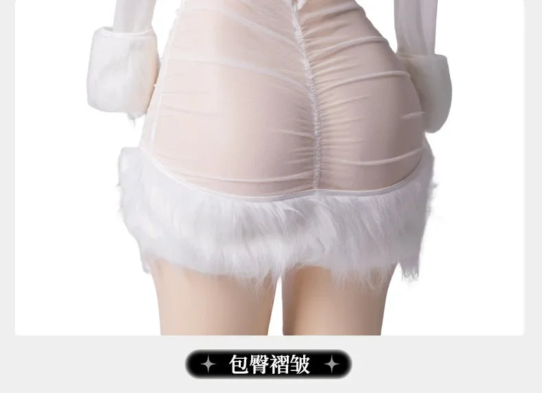 Sexy Lingerie See-through Plush Dress Women's Off-the-shoulder Mini Dress Lingerie Exotic Strappy Tube Top Camisole Hip Skirt