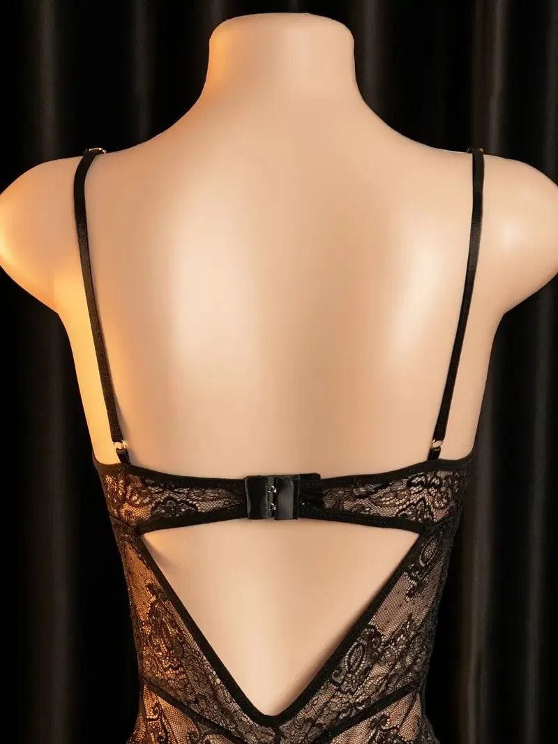 Hot Erotic Lingerie Set For Women Lace Nightgowns Dress Sexy Costumes Open Crotch Pajamas Sets See Through Transparent Bodysuits