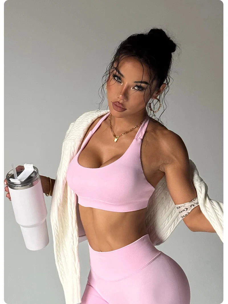 Seamless Halter Sports Bras Running Sexy Open Back Yoga Bra Padded Brassiere Sport Woman Fitness Gym Top Activewear