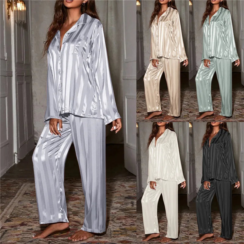 Women's striped pajama set, solid French silk satin pajamas, two piece set, comfortable home pajamas