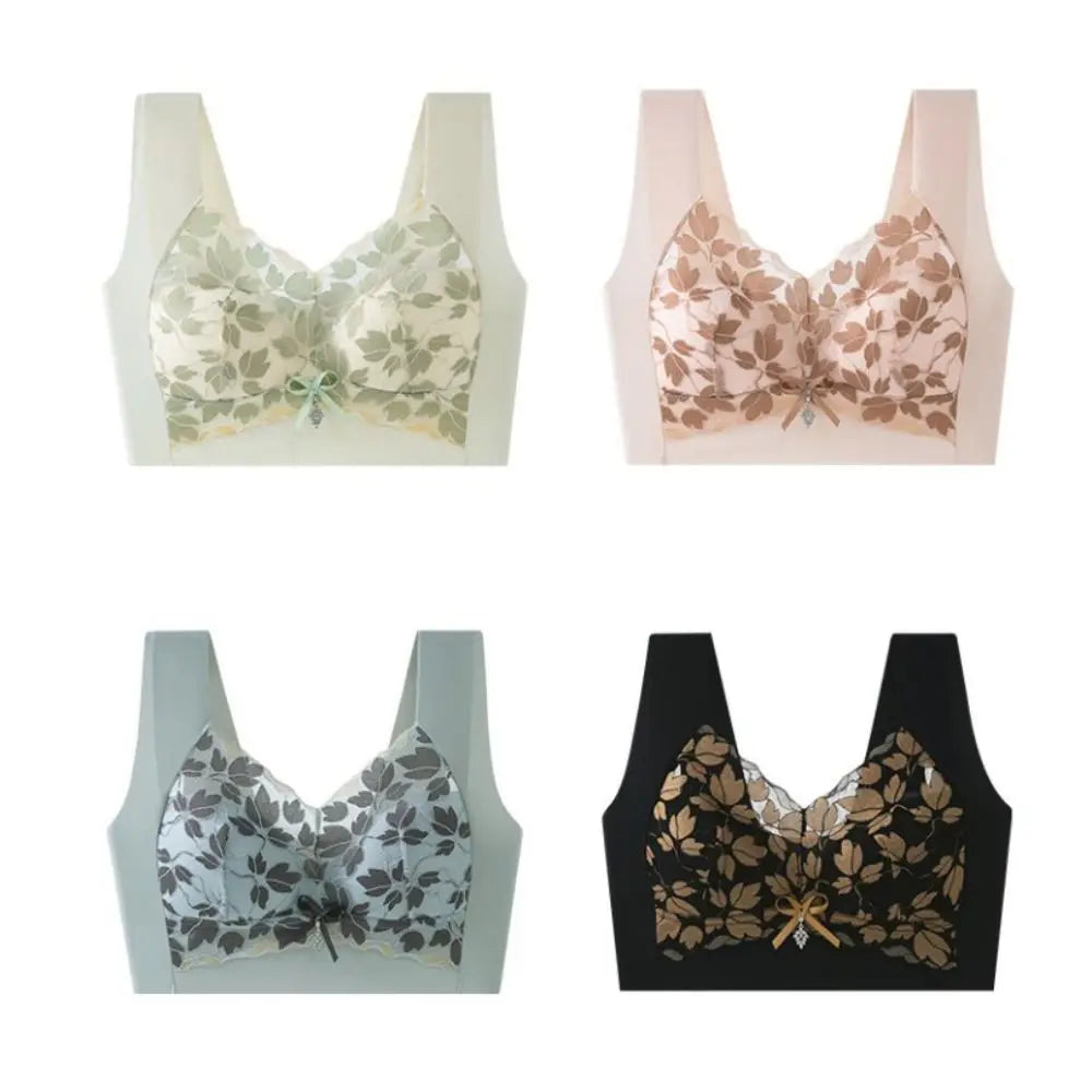 Breathable Leaf Lace Deep V Bras Zircon Bowknot Push Up Bras Big Cup Gathered Breasts Brassiere for Women Girls