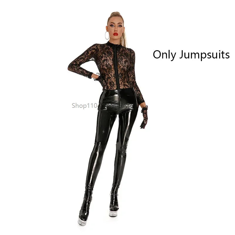Sexy See-Through Lace Pu Bodysuit Ladies Leather Latex Catsuit Lace Splice Lingerie Underwear Jumpsuit Erotic Skinny Bodysuit