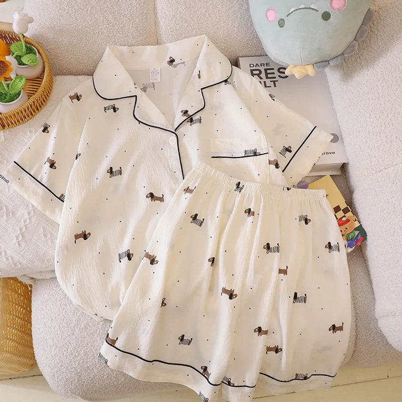 Pajama for Women Short Sleeves with High Luxury Feel Suitable for Outerwear Home Clothing Set Nightwear Homewear Small Dog Print