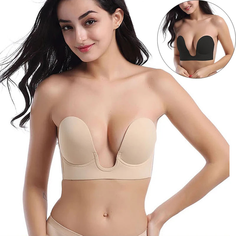 Strapless Bras Invisible Push Up Bra Silicone Brassiere Deep U Underwear Dress Wedding Party Sticky Self-adhesive