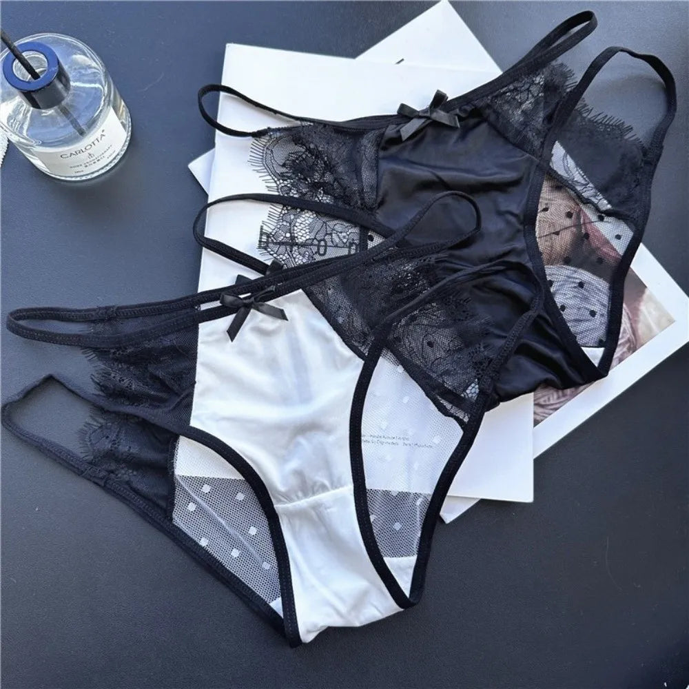 Lingerie Low Waist Underwear for Women Bow Transparent Sweet Lace Panties Hollow Mesh Satin Silk Briefs Girl