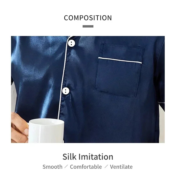 Plus Size Men's Pajama Set Faux Silk Lapel Cardigan Student Homewear Simple Short Sleeve Shorts Set Premium Feeling Solid Colour