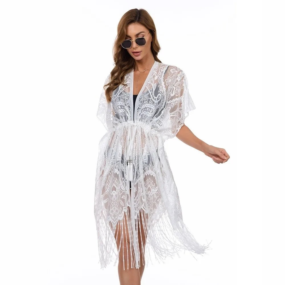 Fashion Lace Mesh Sunscreen Beach Cover Up Floral Tassel Bohemian Shawl Plus Size Transparent Swimsuit Cover Up Women