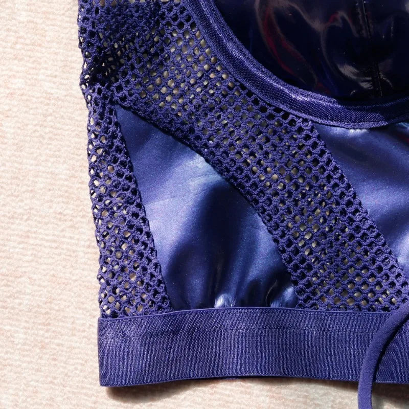 Sexy Fetish Lingerie Sets for Women 2 Piece Leather Sheer Mesh Corset Tops Bodysuit Exotic Underwear Bandage Push Up Bra Panties