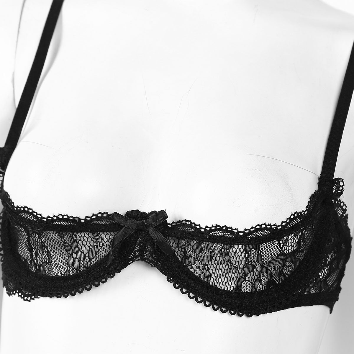 Womens Sexy Lace 1/4 Cups Unlined Bra See Through Mesh Push Up Underwired Brassiere Non Padded Balconette Bras Lingerie Tops