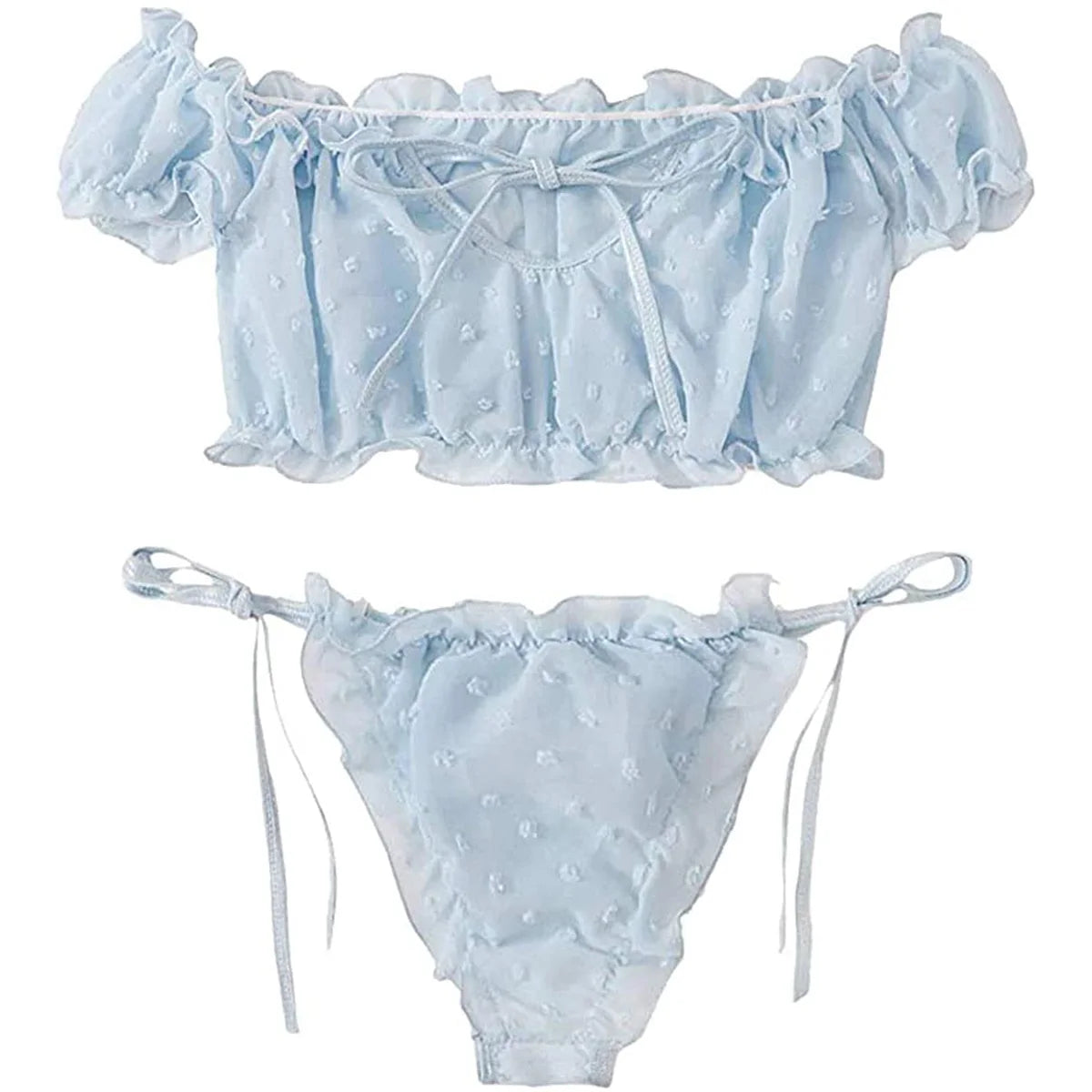 Women's Sexy Lingerie Set Mesh Lace Ruffle Cute Dot Transparent Bra and Panty Wireless Thong Bandage Exotic Sets