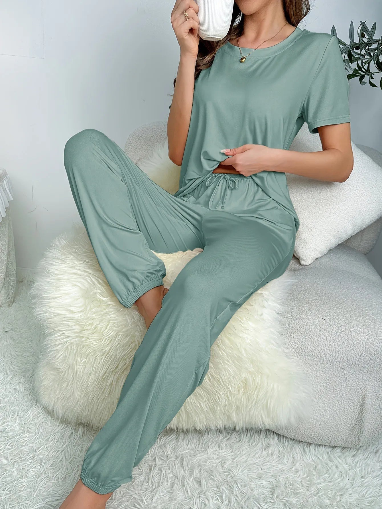 Women's Pajamas Set Solid Color Short Sleeve O Neck T-Shirt+Trousers 2 Pieces Suit Sleepwear Soft Loose Pijama Female Loungewear