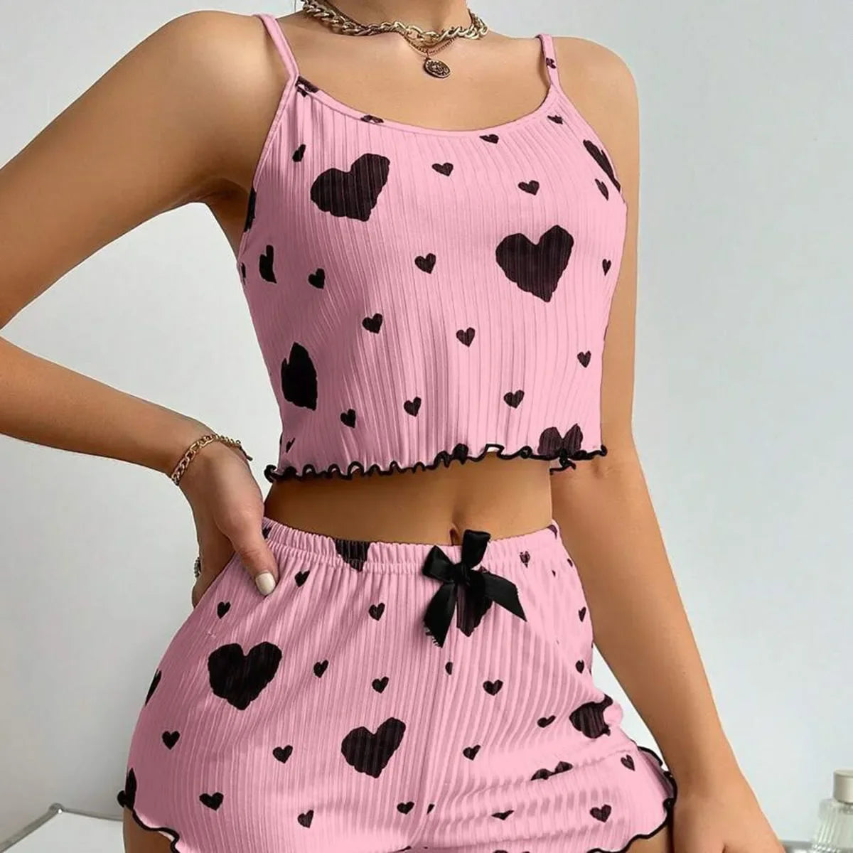 Women's Pajama Set Sexy Cute Kawaii Pajamas Women suspenders Sun-Tops Loungewear Set Shorts Y2K Lolita Heart Silk Sleepwear