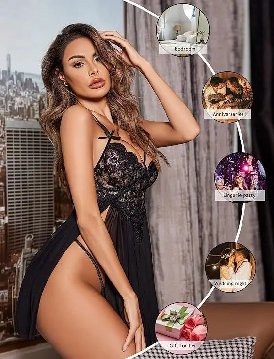 Sexy Lingerie for Women Lace Babydoll Strap Nightgown V Neck Sleepwear Mesh Side Slit Nighty