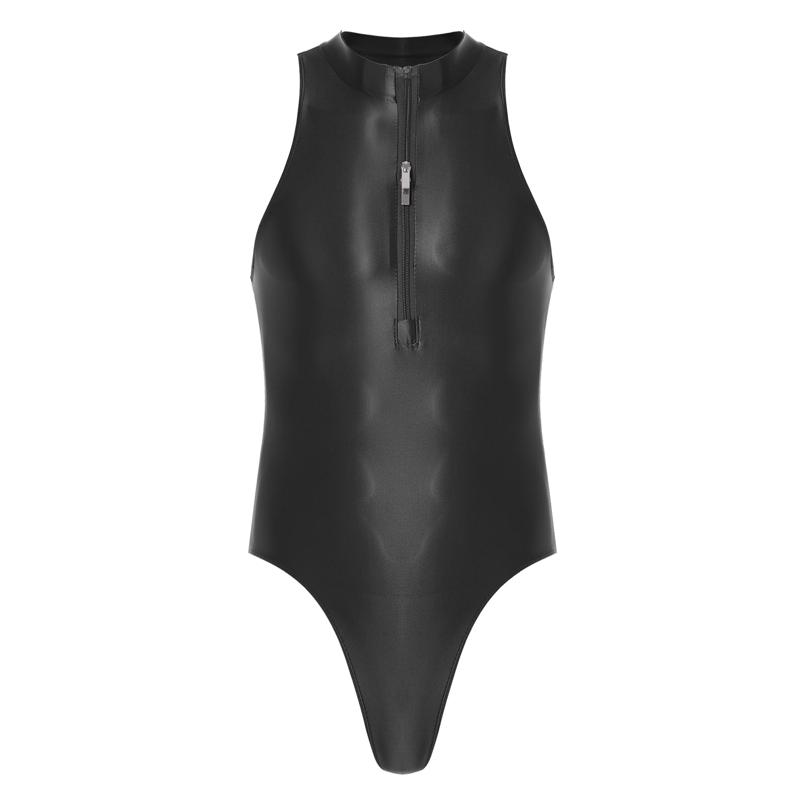 One-Piece Men's Swimsuit Glossy Sleeveless Bodysuit Swimwear Solid Color Front Leotard Hommes Bathing Suits Party Clubwear