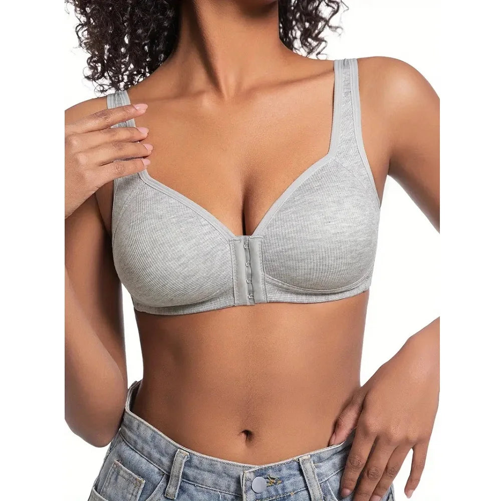 Women's Bra Wire-Free Front Closure Solid Color Full Coverage 3D Cups More Considerate for Middle-Aged And Elderly Individual